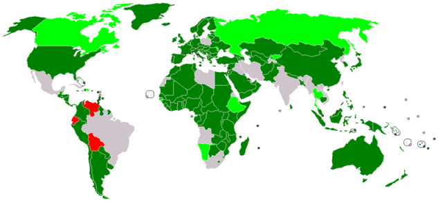 ICSID Members (Dark Green = ICSID in force; Light Green = ICSID signed, ratification pending; Red = Former members, withdrawn)
